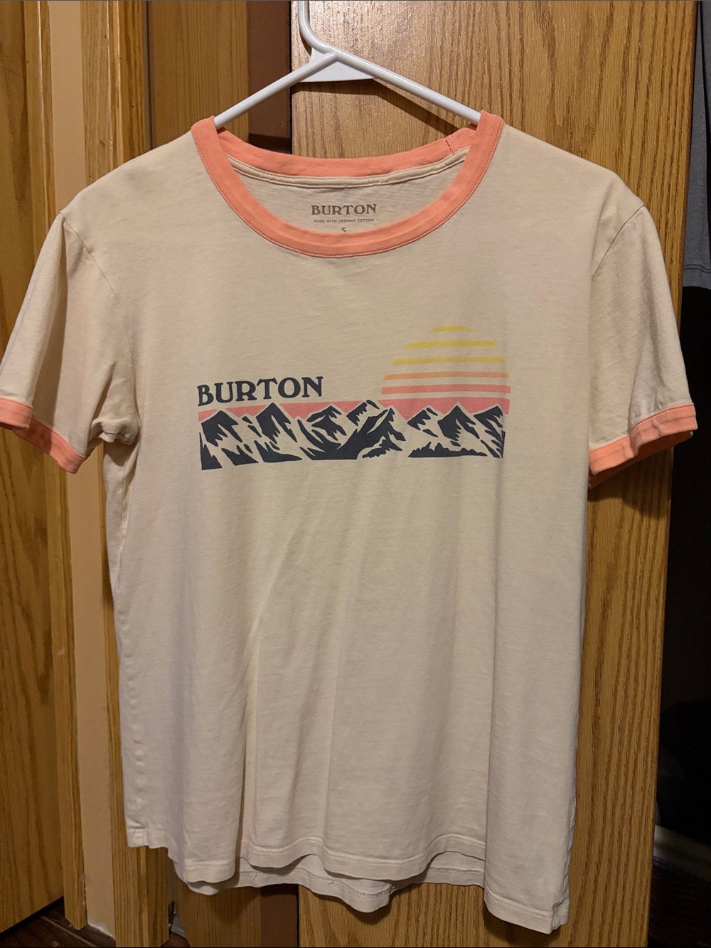 Burton Cream Tee with Coral Trim and Navy Mountain Graphic
